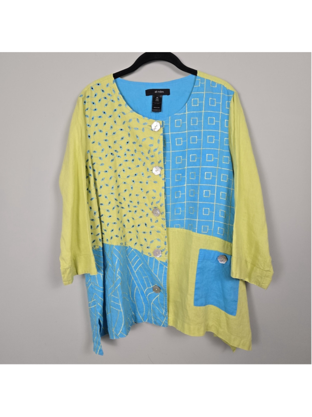 Ali Miles Linen Patchwork Embroidered Button Up Tunic 0X Yellow Lagenlook Artsy